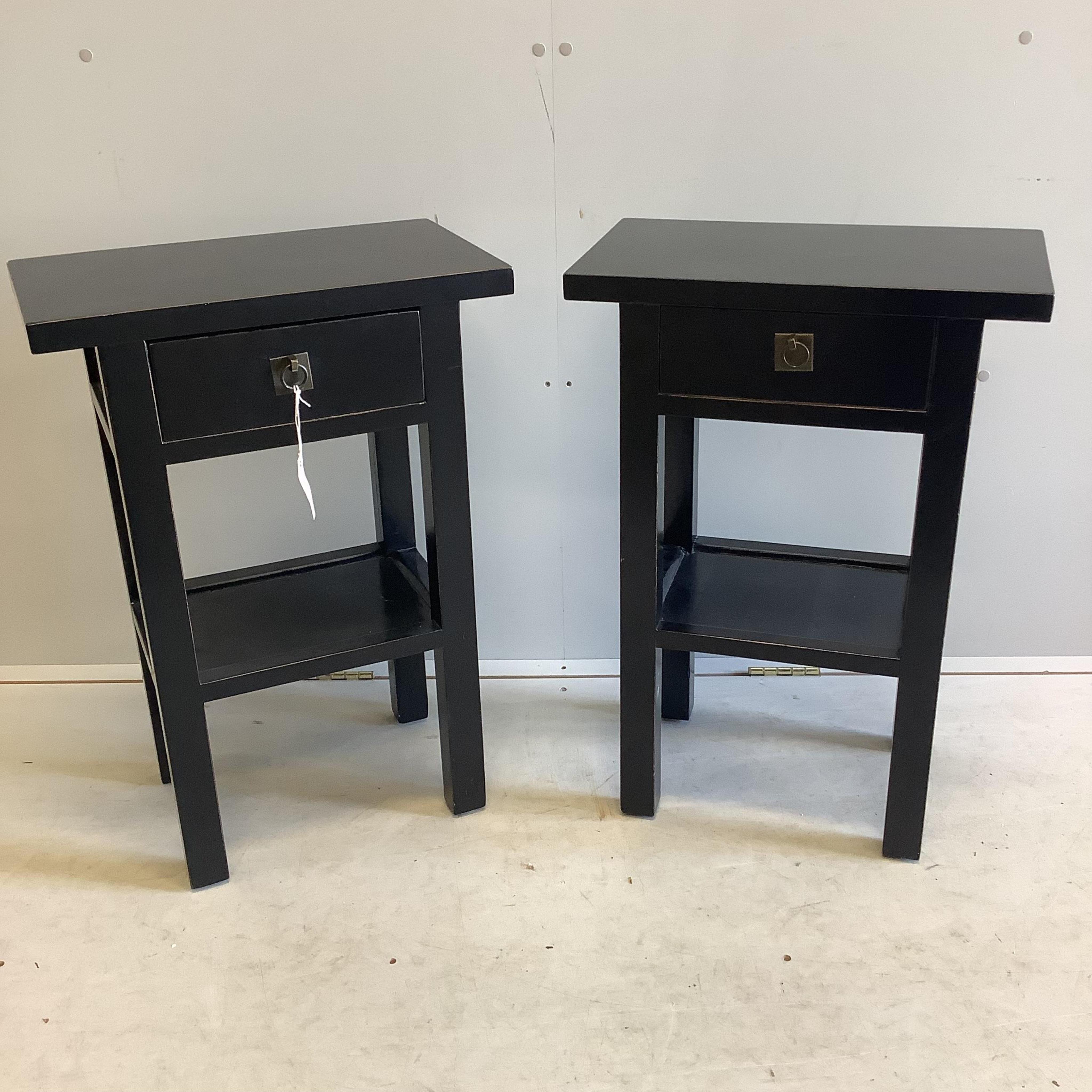 A pair of James Martin Chinese style lacquered two tier bedside tables, width 49cm, depth 28cm, height 71cm. Condition - good